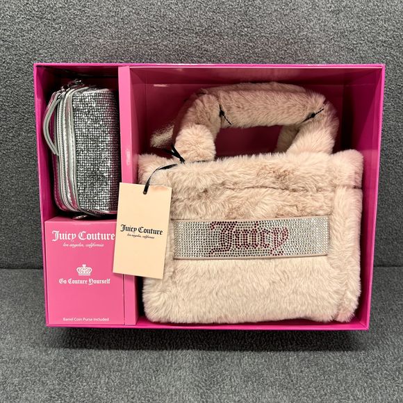 Juicy Couture Handbags - Juicy Couture Mini Tote Bag Faux fur Light Pink silver coin Purse Gift Set